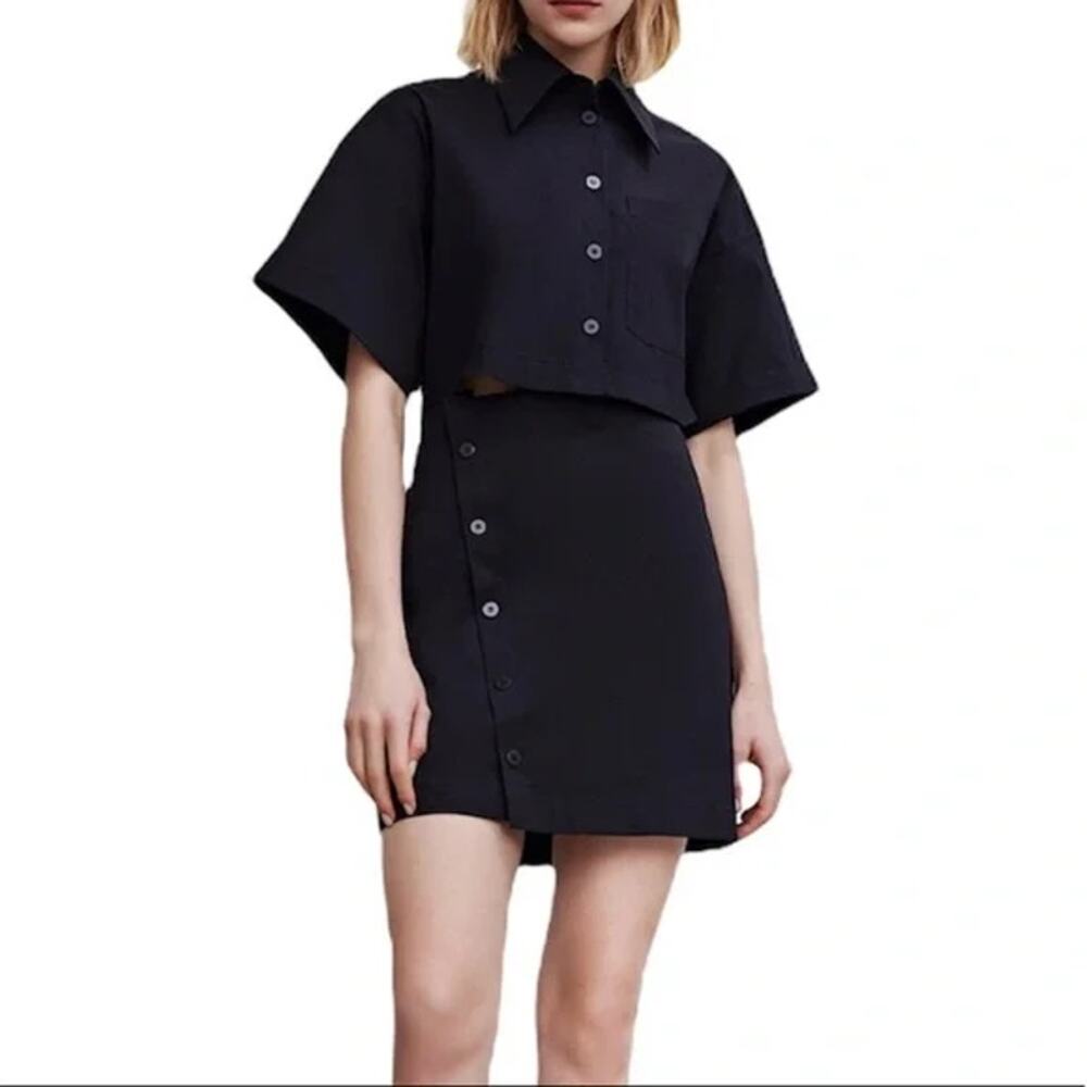 Black Mini Shirt Dress with Button-Front Skirt